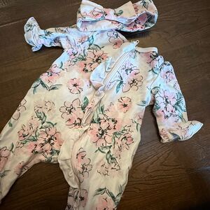 Little Me Newborn Floral Sleeper w/ Matching Bow Headband